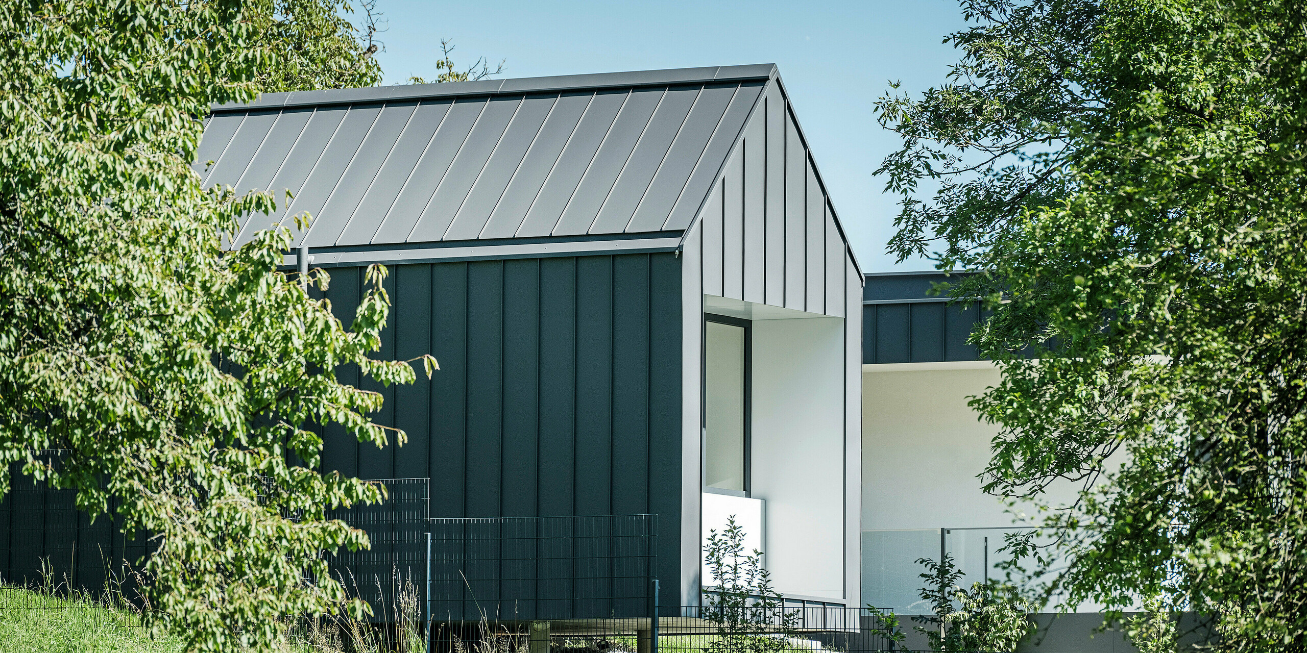 Blick durch das satte Grün eines Einfamilienhauses in Pogier, Österreich, ausgestattet mit einem Dach und einer Fassade von PREFA in PREFALZ dunkelgrau P.10. Die klaren Linien und dunklen Farben der Aluminiumelemente bilden einen eleganten Kontrast zur hellen Putzfassade der überdachten Bereiche und der natürlichen Umgebung. Die Loggia bietet einen geschützten Außenraum, der die Verbindung zwischen Innen und Außen betont und eine angenehme Wohnatmosphäre schafft.