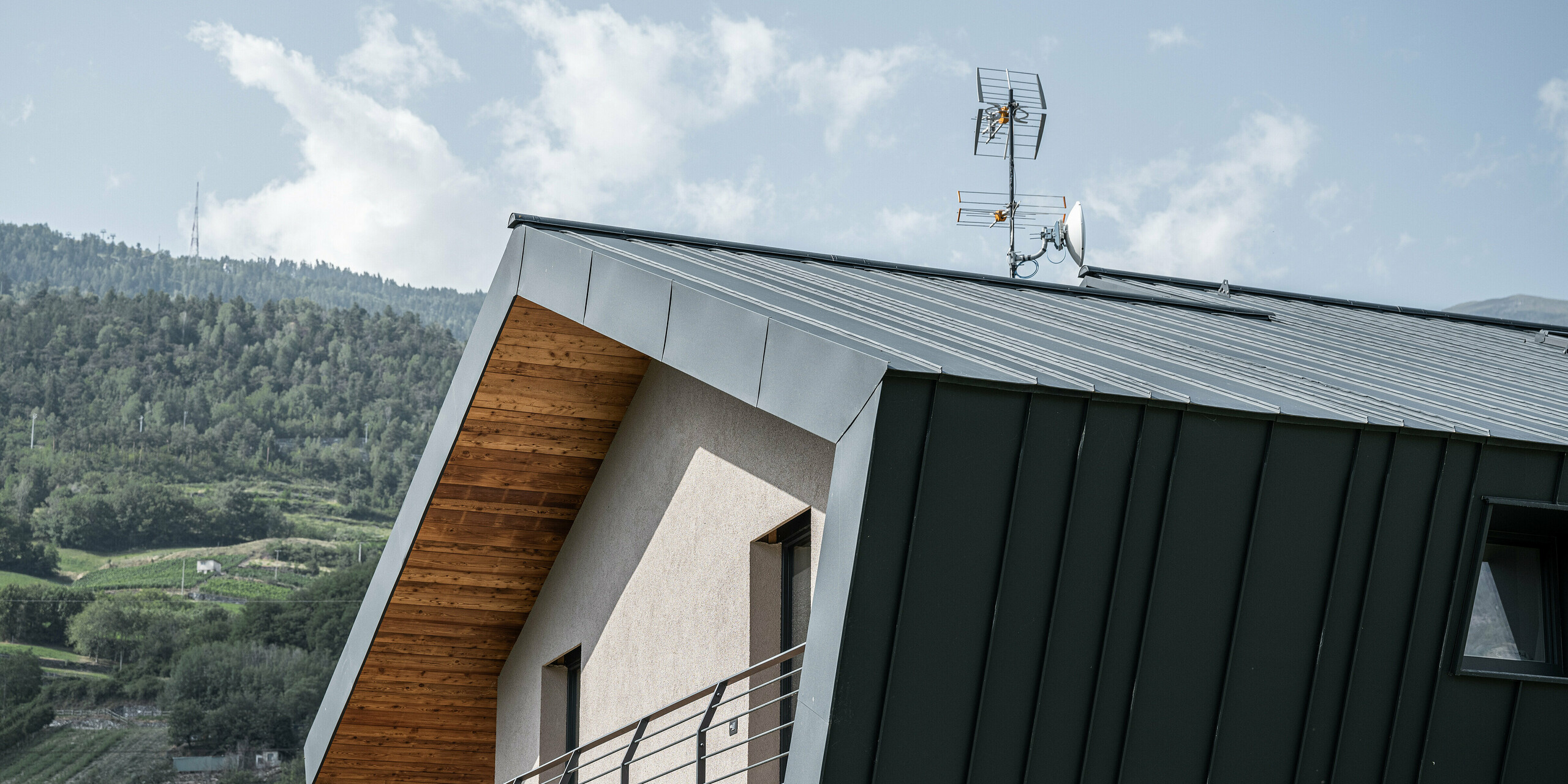 Seitenansicht der Villa Tia in Italien mit einem schlichten Satteldach. Die Stehfalzdeckung aus Aluminium zieht sich in unterschiedlichen Scharenbreiten über die Traufe bis zur Fassade. Umgesetzt wurde die Verkleidung mit PREFALZ in der eleganten Farbe P.10 Anthrazit. Die sichtbaren Holzelemente unter dem Dachüberstand verleihen der Architektur Wärme und Naturverbundenheit, während die präzise verlegten Aluminiumelemente für eine moderne, langlebige und wartungsarme Außenhaut sorgen.