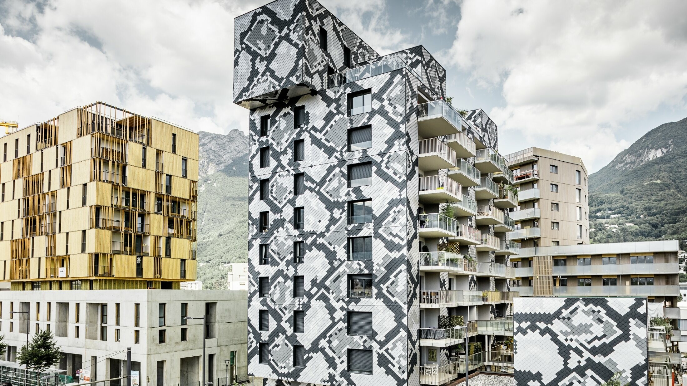 Impressionante realizzazione della facciata dell'edificio residenziale "le Python" con motivo a serpente; la facciata è stata realizzata con scaglie PREFA nei colori antracite, grigio chiaro, grezzo naturale e silver metallizzato.