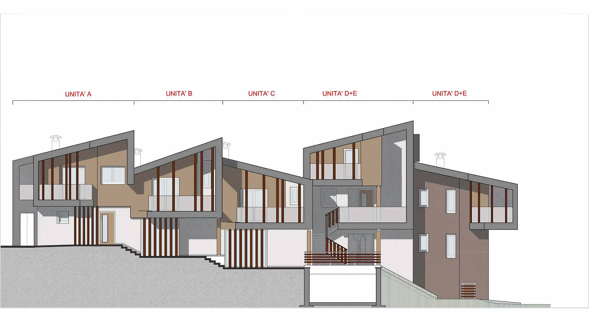 Disegno tecnico di un complesso abitativo moderno con diverse unità abitative, contrassegnate da facciate variegate in toni di grigio e marrone, ampie finestre con rivestimento in legno e chiare linee che creano un collegamento armonioso con il paesaggio circostante.