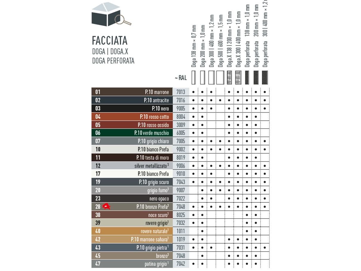 Tabella dei colori che mostra i colori in cui sono disponibili le doghe e la Doga.X PREFA.  La doga e la Doga.X PREFA sono disponibili in diversi colori P.10 e standard.