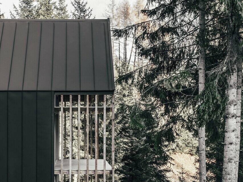 Vista laterale di un singolo chalet. Si possono vedere il tetto e la facciata in prefalz, le travi in legno sul lato del balcone e la foresta di conifere tutt'intorno.