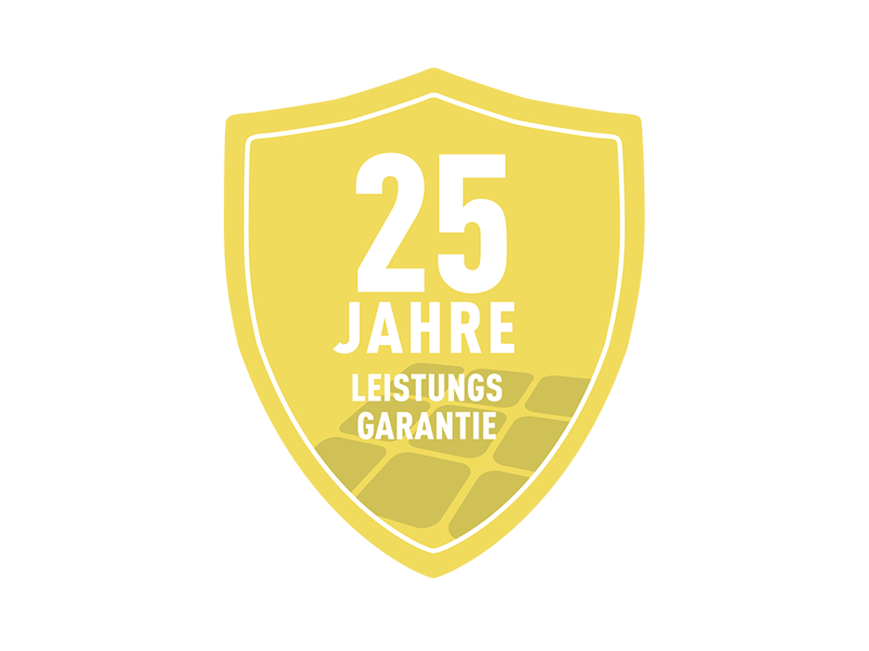 Gelbes Garantielogo für 25 Jahre Leistungsgarantie der PREFA Solardachplatte und des Solarmodul PREFALZ